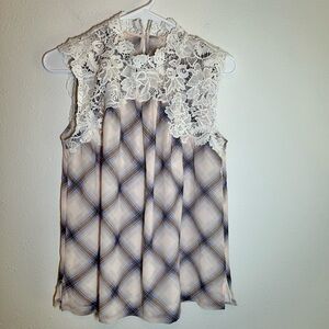 Lace Cottagecore Blouse Size S* Plaid Pastel Sleeveless Mock Neck Chiffon Loft